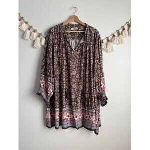 Natural Life Dara Floral V-neck Tunic Mini Dress Brown Boho Peasant Fairy XL